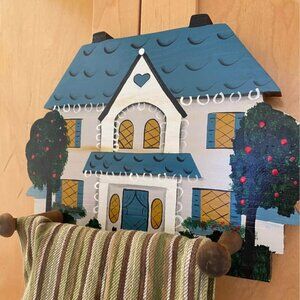 90s Kitchen Towel Holder / Rack Hand-Painted Wood House